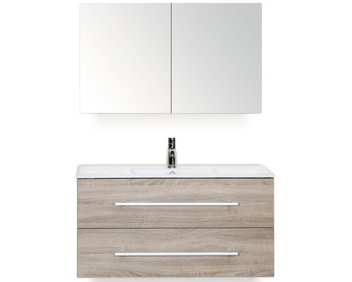 Set de meubles de salle de bains Sanox Stretto lxhxp 101 x 170 x 39 cm couleur de façade chêne gris avec vasque céramique blanc Combinaison de meuble-lavabo avec armoire de toilette à miroir, lavabo et deux tiroirs