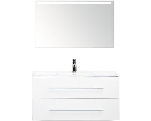 Set de meubles de salle de bains Sanox Stretto lxhxp 101 x 170 x 39 cm couleur de façade blanc haute brillance avec vasque en céramique blanc et meuble sous vasque vasque miroir avec éclairage LED Meuble-lavabo avec deux tiroirs, lavabo, robinet et miroir avec éclairage pour la salle de bain