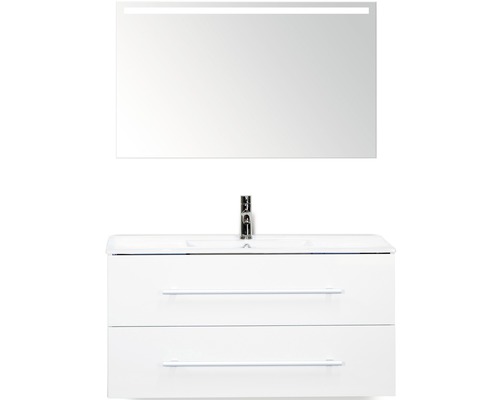 Set de meubles de salle de bains Sanox Stretto lxhxp 101 x 170 x 39 cm couleur de façade blanc haute brillance avec vasque en céramique blanc et meuble sous vasque vasque miroir avec éclairage LED