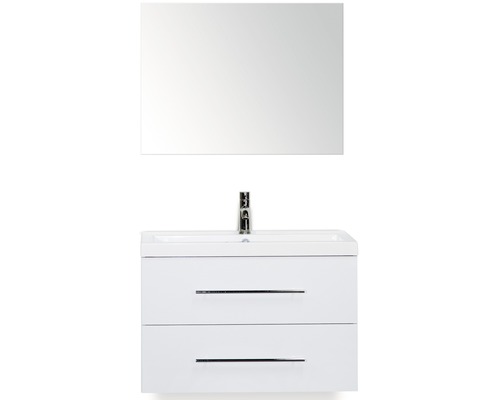 Set de meubles de salle de bains Sanox Straight lxhxp 80 x 170 x 40 cm couleur de façade blanc haute brillance avec vasque fonte minérale blanc et meuble sous vasque vasque miroir Combinaison de lavabo avec miroir, robinet et deux tiroirs