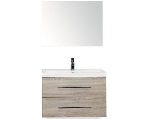 Set de meubles de salle de bains Sanox Straight lxhxp 80 x 170 x 40 cm couleur de façade chêne gris avec vasque fonte minérale blanc et meuble sous vasque vasque miroir Meuble-lavabo avec miroir, lavabo et deux tiroirs