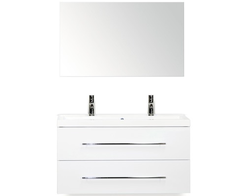 Set de meubles de salle de bains Sanox Straight lxhxp 100 x 170 x 40 cm couleur de façade blanc haute brillance avec vasque fonte minérale blanc et meuble sous vasque double vasque en fonte minérale miroir