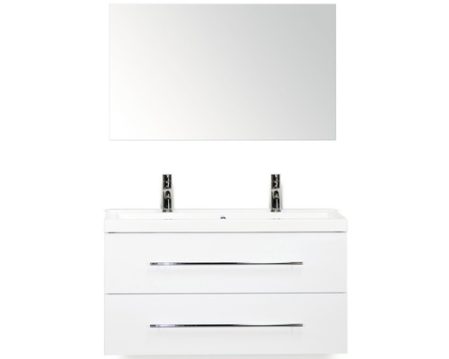 Set de meubles de salle de bains Sanox Straight lxhxp 100 x 170 x 40 cm couleur de façade blanc haute brillance avec vasque fonte minérale blanc et meuble sous vasque double vasque en fonte minérale miroir Ensemble de salle de bains avec meuble sous-lavabo, deux tiroirs, deux robinets et un miroir