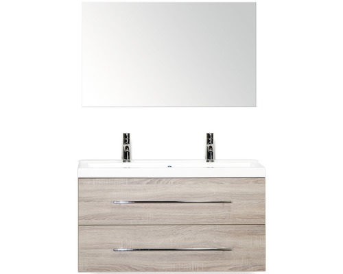 Set de meubles de salle de bains Sanox Straight lxhxp 100 x 170 x 40 cm couleur de façade chêne gris avec vasque fonte minérale blanc et meuble sous vasque miroir double vasque en fonte minérale
