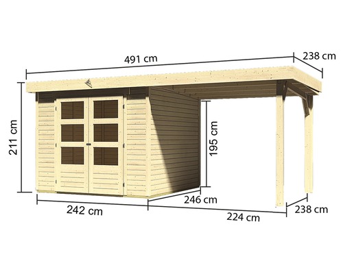 Abbildung eines Holzgartenhauses mit Carport und Massangaben