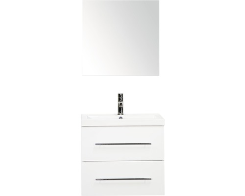 Set de meubles de salle de bains Sanox Straight lxhxp 60 x 170 x 40 cm couleur de façade blanc haute brillance avec vasque fonte minérale blanc et meuble sous vasque vasque miroir