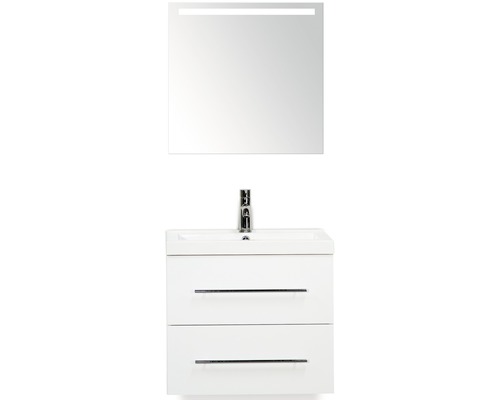 Set de meubles de salle de bains Sanox Straight lxhxp 60 x 170 x 40 cm couleur de façade blanc haute brillance avec vasque fonte minérale blanc et meuble sous vasque vasque miroir avec éclairage LED