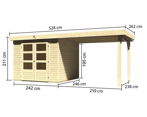 Abmessungen eines Holz Gartenhauses mit Carport