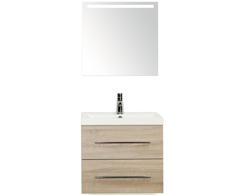 Set de meubles de salle de bains Sanox Straight lxhxp 60 x 170 x 40 cm couleur de façade chêne gris avec vasque fonte minérale blanc et meuble sous vasque vasque miroir avec éclairage LED