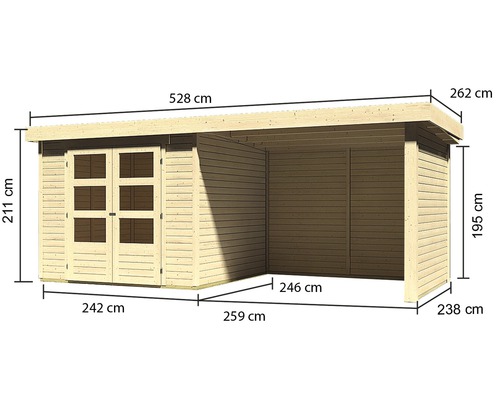 Holzgartenhaus mit den Maßen 528 x 238 x 211 cm