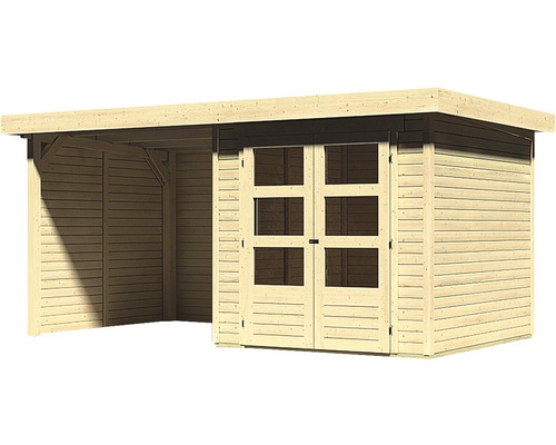 Holzgartenhaus mit Doppeltür und Anbau