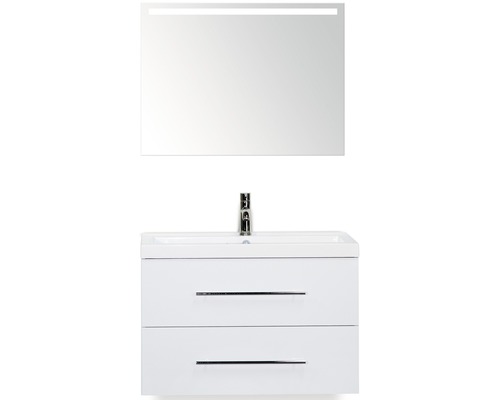 Set de meubles de salle de bains Sanox Straight lxhxp 80 x 170 x 40 cm couleur de façade blanc haute brillance avec vasque fonte minérale blanc et meuble sous vasque vasque miroir avec éclairage LED Meuble-lavabo avec deux tiroirs, lavabo et miroir avec éclairage
