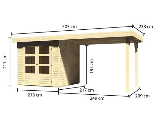 Abbildung eines Holzgartenhauses mit den Massen