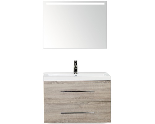 Badmöbelset Straight Eiche grau 80x40 cm inklusive Spiegelschrank, 2 Schubladen und Waschbecken