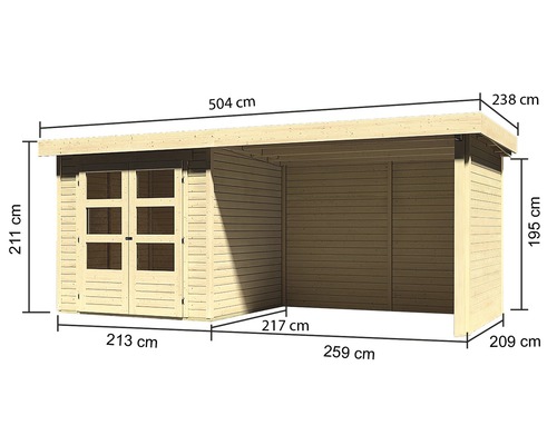Image d''un abri de jardin en bois avec indications de dimensions