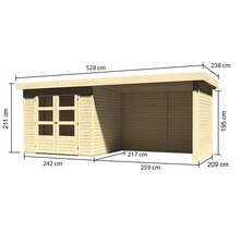 Illustration eines Gartenhauses aus Holz mit Maßangaben.