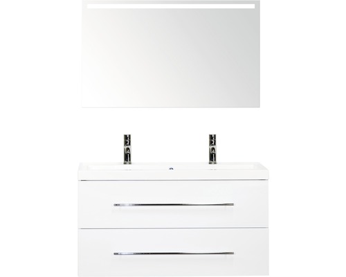 Set de meubles de salle de bains Sanox Straight lxhxp 100 x 170 x 40 cm couleur de façade blanc haute brillance avec vasque fonte minérale blanc et meuble sous vasque double vasque en fonte minérale miroir avec éclairage LED