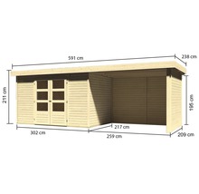 Gartenhaus Karibu Kodiak 4 mit Schleppdach 2,75 m, Rück- und Seitenwand 609 x 238 cm natur