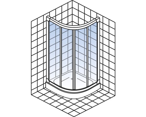 Douche d''angle avec façade en verre et carreaux carrés