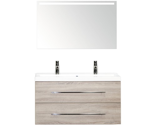 Badmöbelset Straight Eiche grau 100x40 cm inklusive Lichtspiegel, 2 Schubladen und Waschbecken