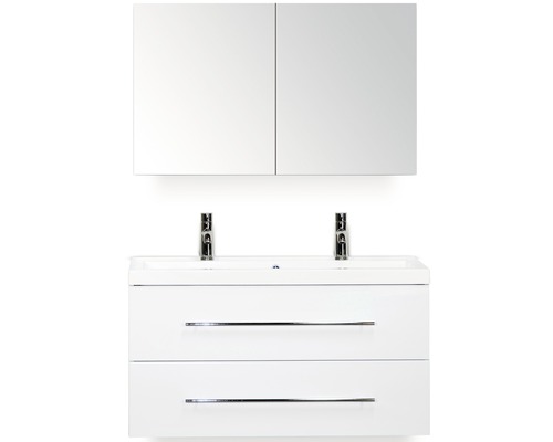 Set de meubles de salle de bains Sanox Straight lxhxp 100 x 170 x 40 cm couleur de façade blanc haute brillance avec vasque en fonte minérale blanc