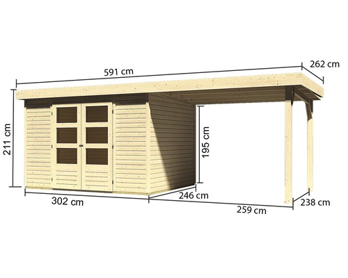 Abmessungen eines Gartenhauses aus Holz mit Carport