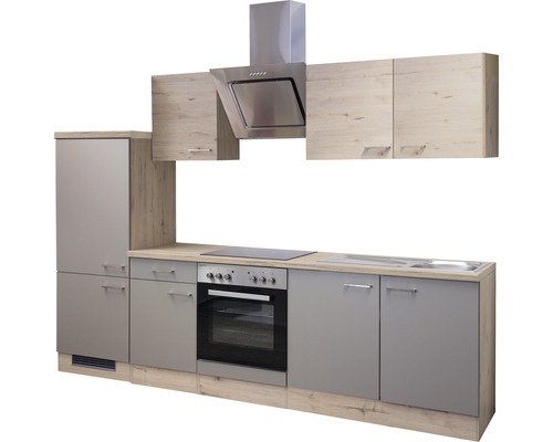 Bloc cuisine complète équipée Flex Well Riva 270 cm façade quartzite cubanite chêne clair san remo mate, corps chêne clair san remo variante réversible démonté