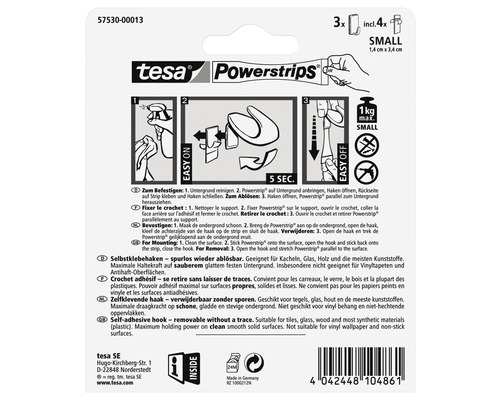 Crochets adhésifs Tesa Powerstrips, se retirent sans laisser de traces, 3 pièces avec 4 bandes adhésives, petit modèle