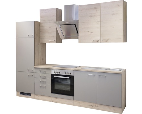 Cuisine complète avec éléments hauts et bas, évier, cuisinière et hotte aspirante