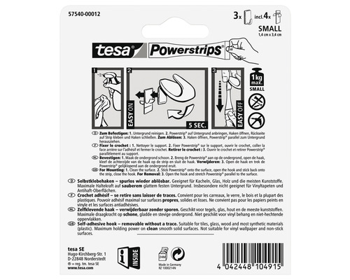 Crochets Tesa Powerstrips petits, 3 pièces, avec 4 bandes adhésives pour une fixation sans trace