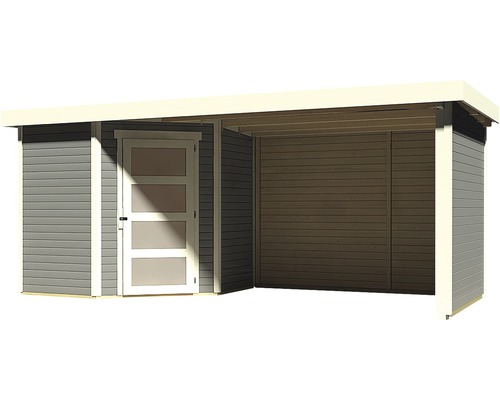 Modernes Gerätehaus mit Tür und offener Überdachung