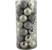 Christbaumkugeln Set in silberner Farbe, bestehend aus glänzenden, matten und glitzernden Kugeln