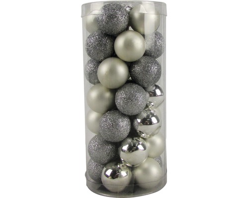 Christbaumkugeln Set in silberner Farbe, bestehend aus glänzenden, matten und glitzernden Kugeln