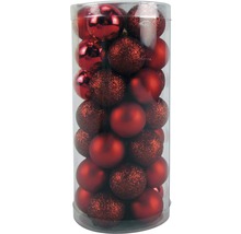 Verpackung mit roten Christbaumkugeln in verschiedenen Ausführungen