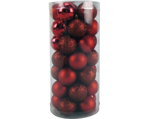 Verpackung mit roten Christbaumkugeln in verschiedenen Ausführungen
