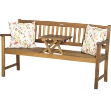 Banc de jardin en bois avec deux coussins et table intégrée