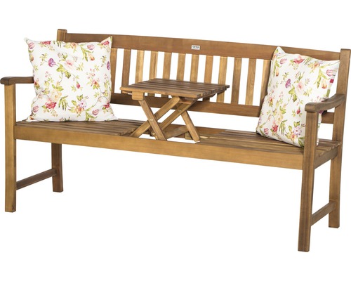 Banc de jardin en bois avec deux coussins et table intégrée