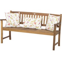 Banc en bois avec trois coussins floraux