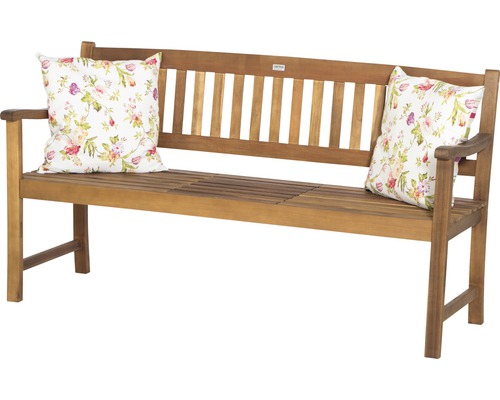 Banc de jardin en bois avec coussins à motifs floraux