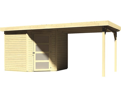 Holzgartenhaus mit Carport und Tür