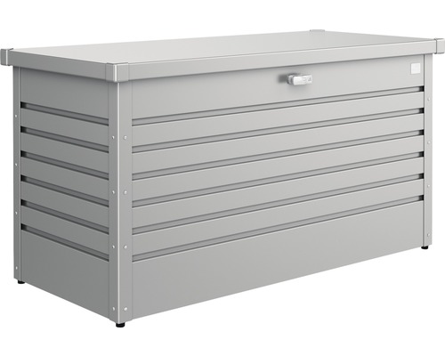Caisse de rangement Biohort FreizeitBox 130, 134x62x71 cm gris quartz-métallique Coffre de rangement en métal avec lignes horizontales et serrure