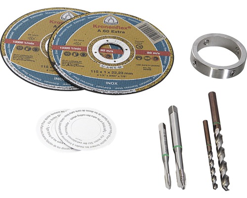 Zwei Trennscheiben, ein Metallring, zwei Gewindebohrer, zwei Bohrer und drei Papierunterlegscheiben. Zwei Trennscheiben, ein Metallring, zwei Gewindebohrer, zwei Bohrer und drei Papierunterlegscheiben.