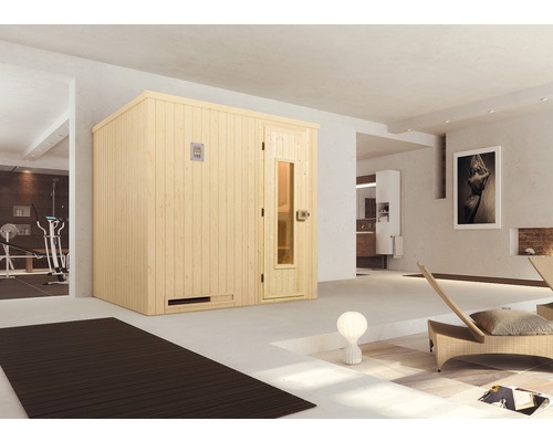 Sauna modulaire Weka Halmstad taille 2 avec poêle Bio 7,5 kW et commande numérique avec porte en bois et verre isolant thermiquement