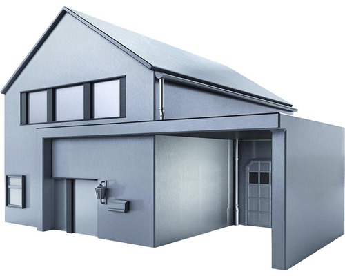 Ansicht eines modernen Hauses mit Garage und Garten