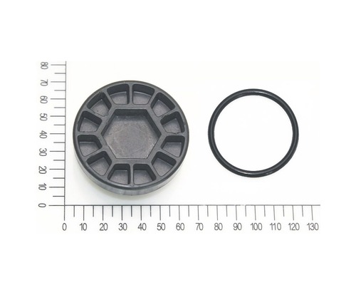 Ablassschraube für Vorfilter mit O Ring für FQ-GP 4.000 Gartenpumpe (5813016) Deckel und Dichtungsring auf einem Messlineal