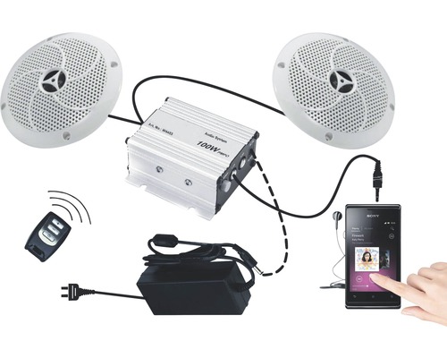 Audiosystem mit zwei Lautsprechern, Verstärker, Netzteil, Fernbedienung und Smartphone
