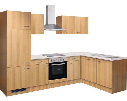 Cuisine équipée avec évier, plaque de cuisson, four, hotte et éléments hauts.