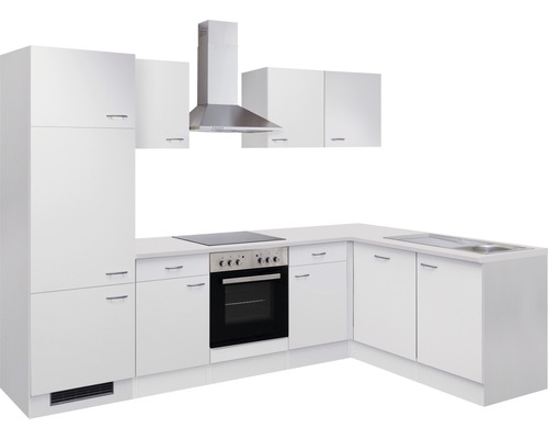 Cuisine intégrée complète blanche avec évier, cuisinière, four, hotte et armoires