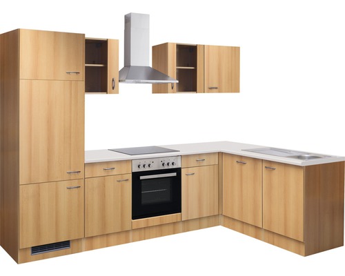 Cuisine avec évier, cuisinière, hotte et armoires