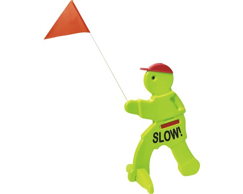 Panneau de sécurité routière en forme de figurine avec drapeau rouge et l''inscription ''Slow!''